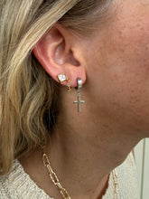 Load image into Gallery viewer, Mary Mini Cross Drop Hoop Earrings - Silver