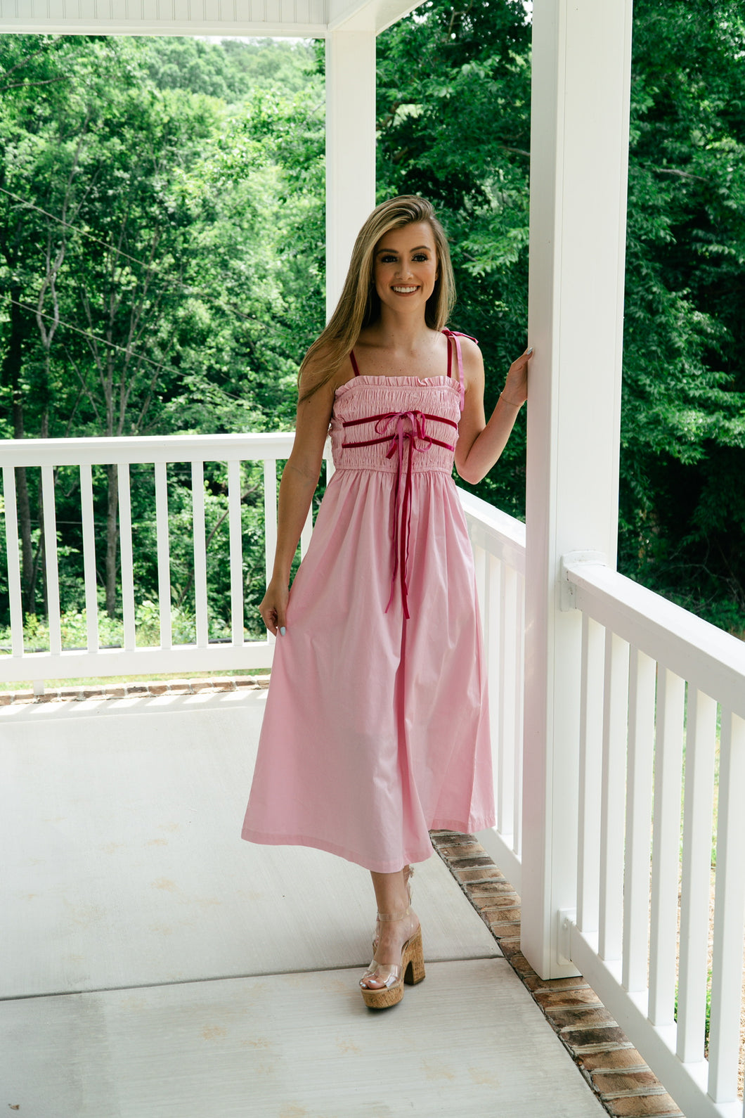 midi dress for winery Wine Country Cutie Floral Midi Dress in Pink