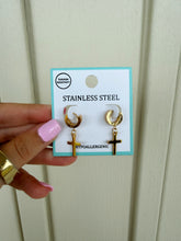 Load image into Gallery viewer, Mary Mini Cross Drop Hoop Earrings - Gold
