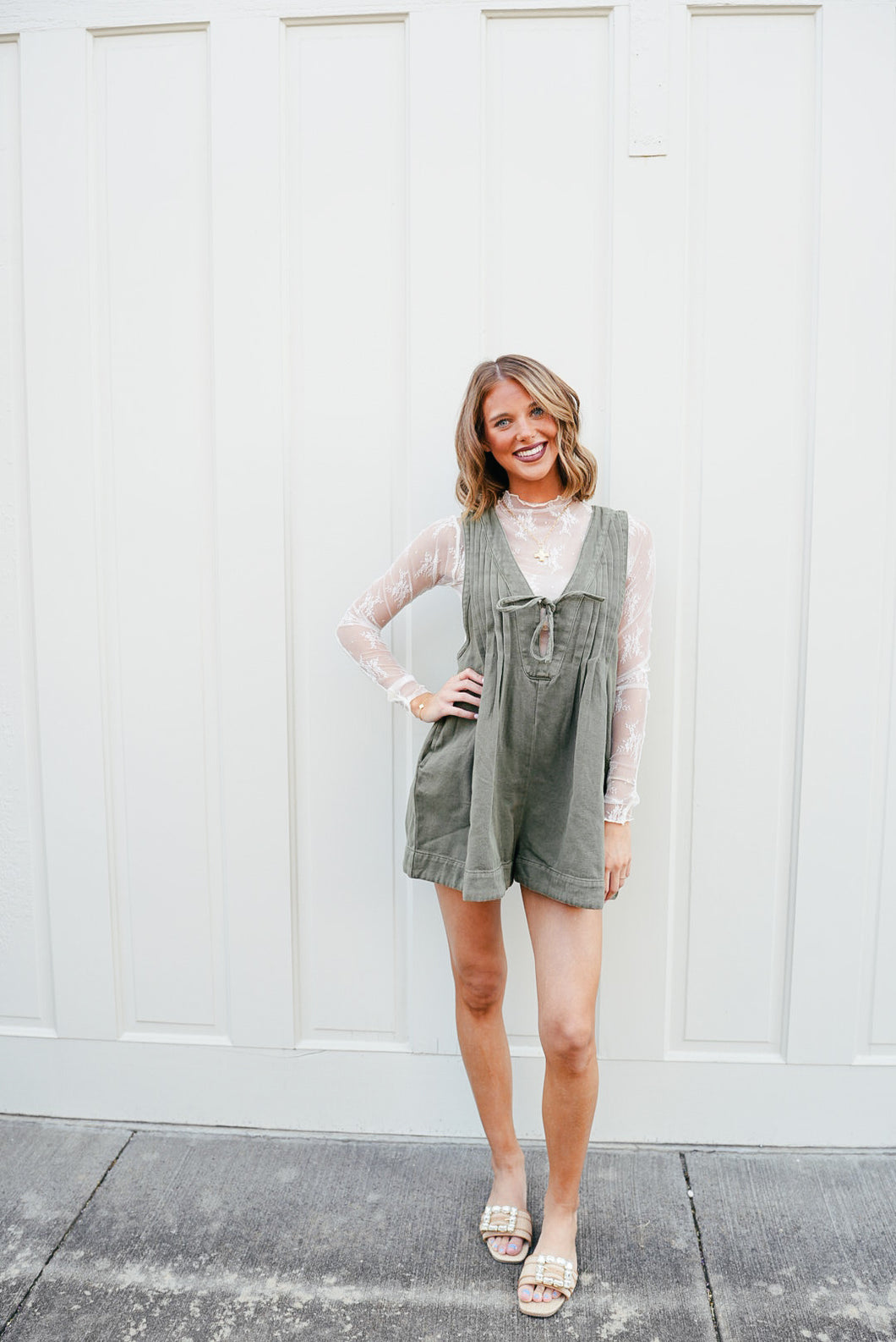 Cameron Pleated Denim Romper - Olive