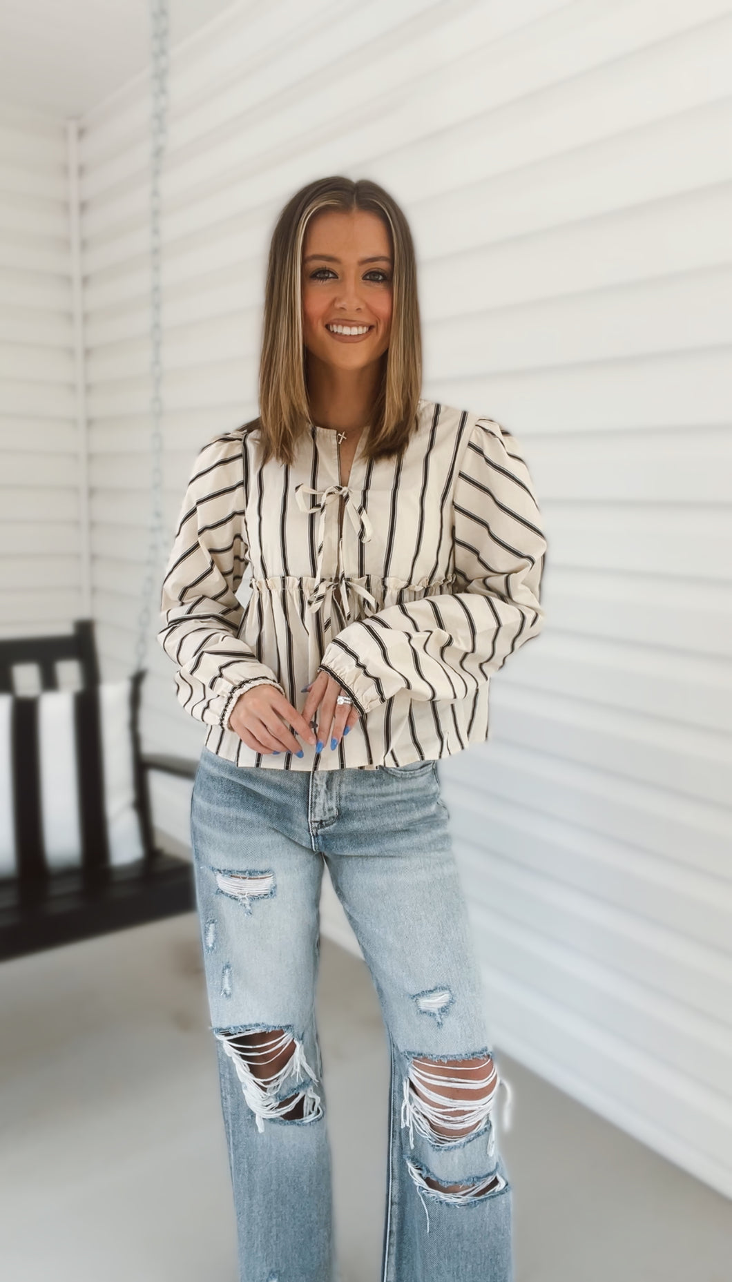 Tia Striped Tie Blouse