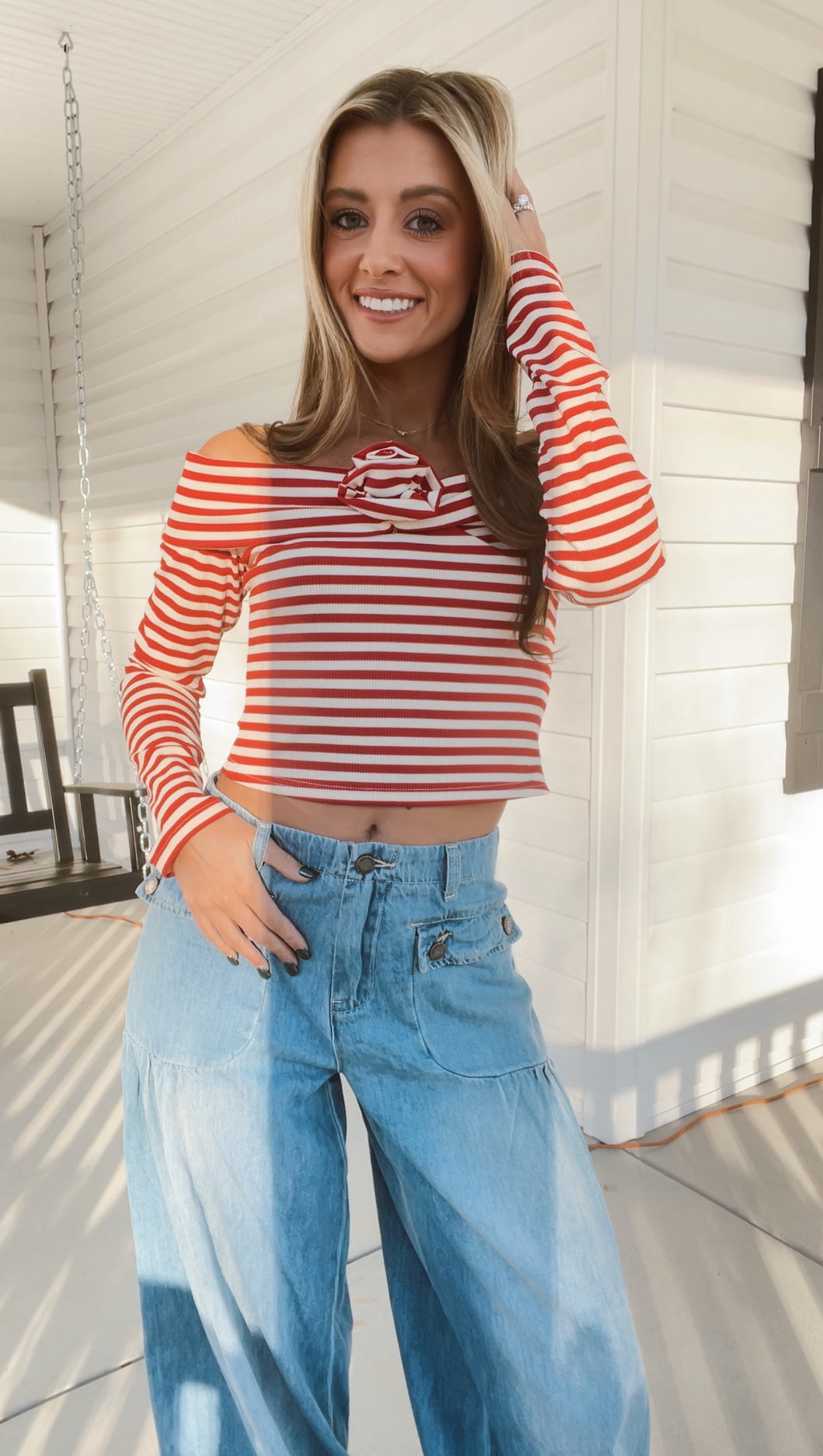 In The Air OTS Striped Top - Crimson