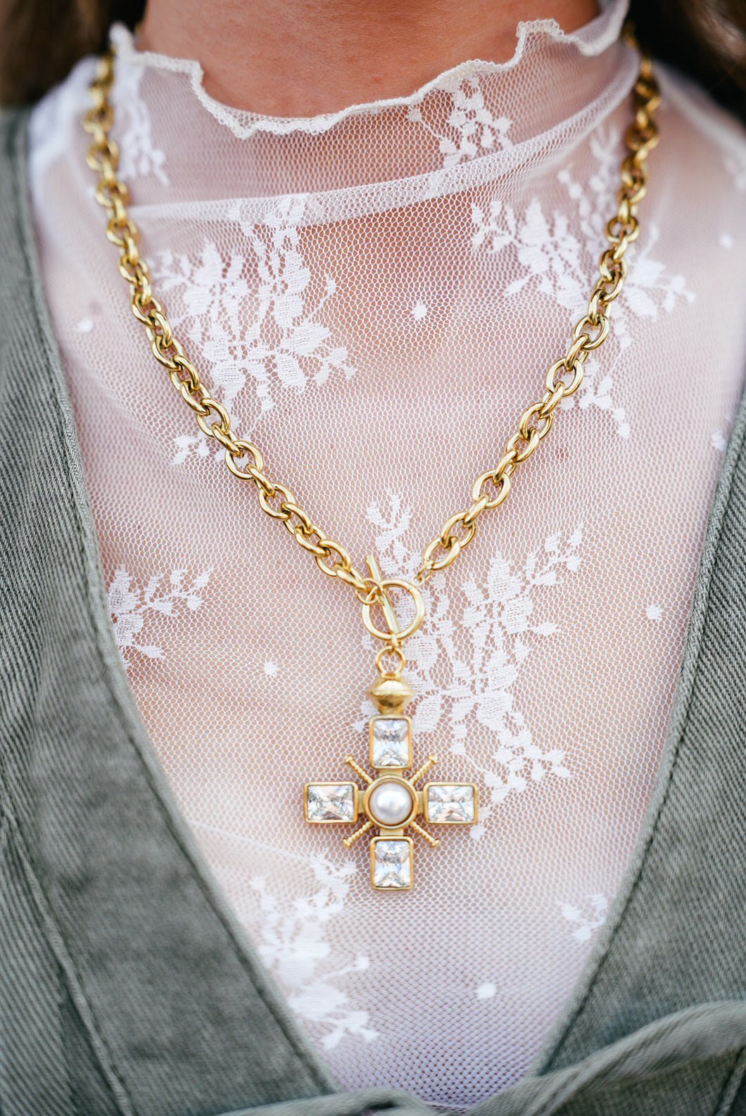Claire Gold Stone Cross Necklace